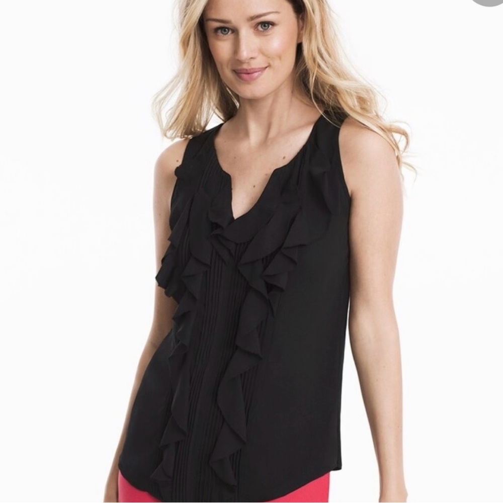 WHBM black chiffon ruffle front sleeveless blouse L